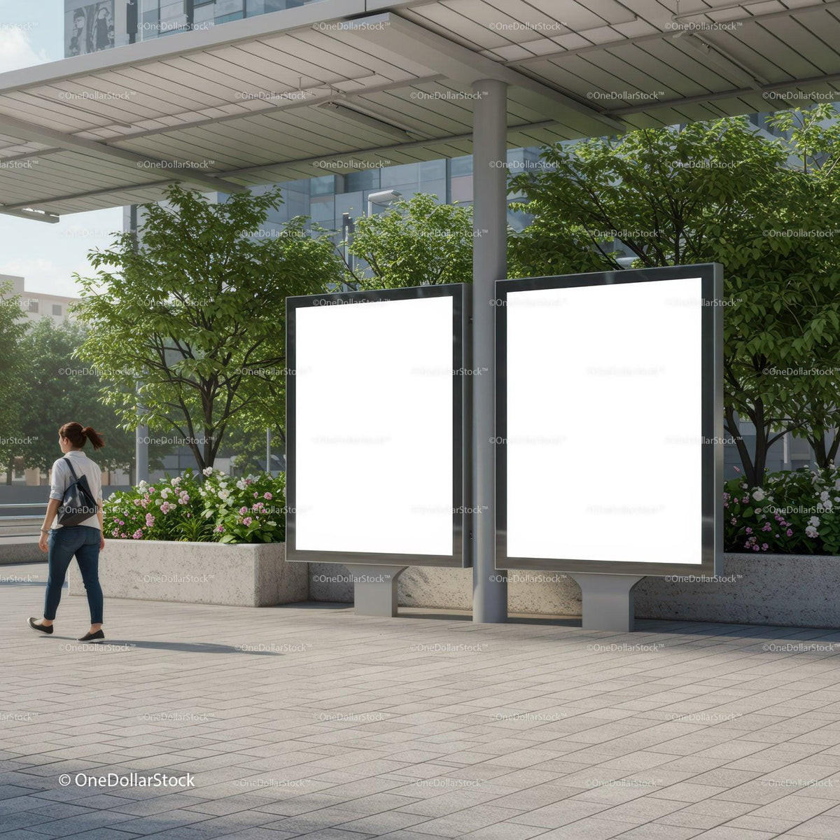 Urban bus stop with blank advertising screens and pedestrian JPG Mockup Image preview