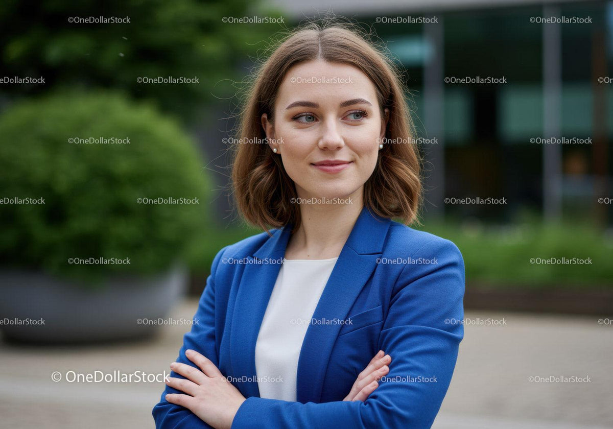Confident Woman in Blue Blazer Crossing Arms Outdoors Amid Greenery