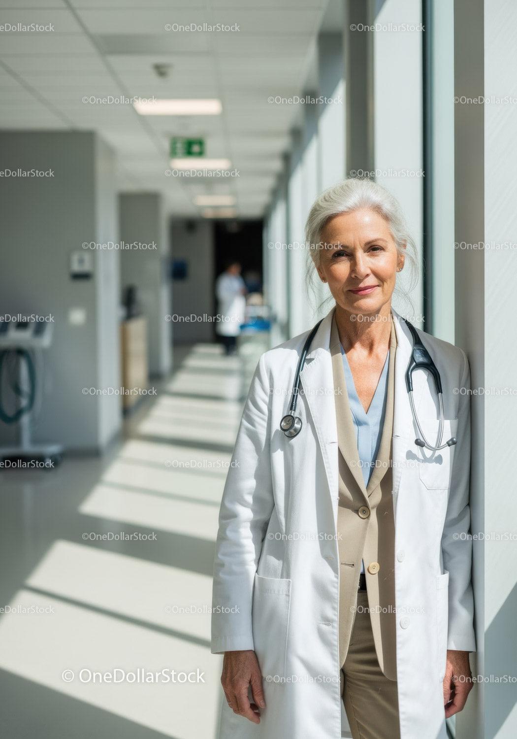 Senior Female Doctor Standing Confidently in Hospital Corridor