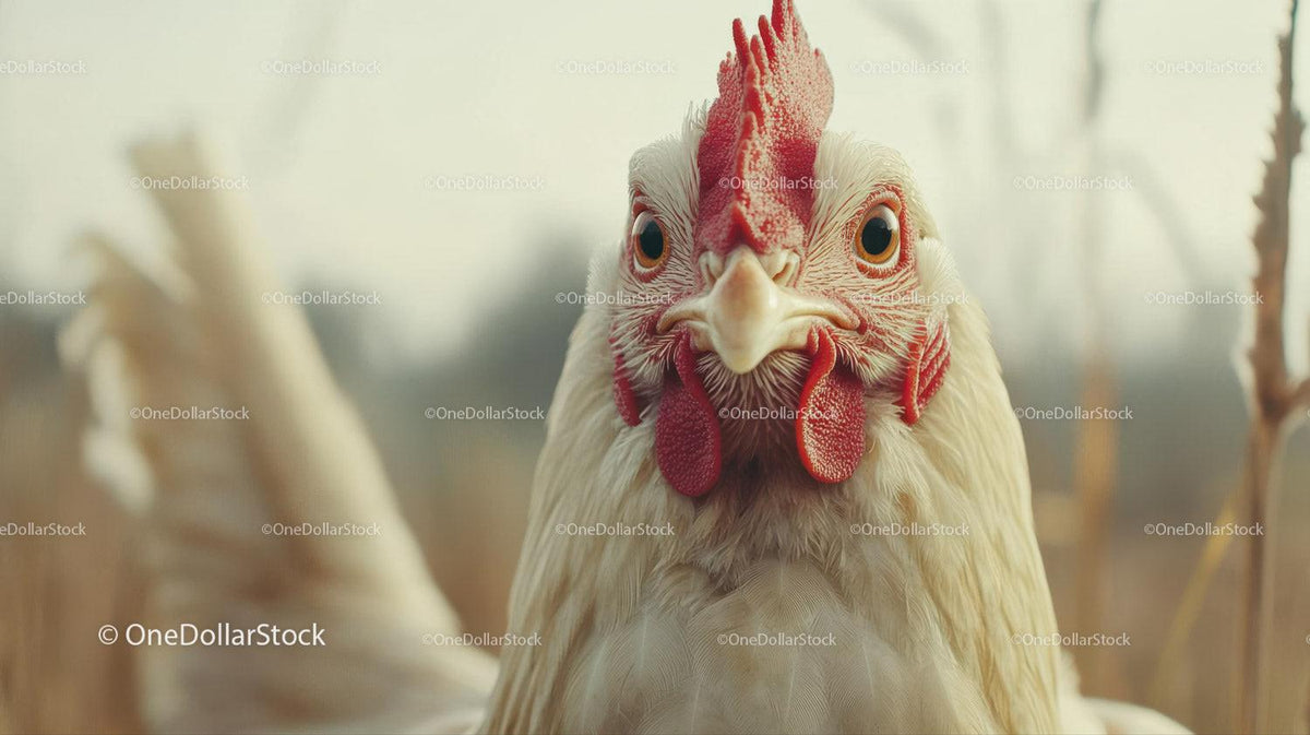 Close-up of a white chicken head with red comb and wattles outdoors