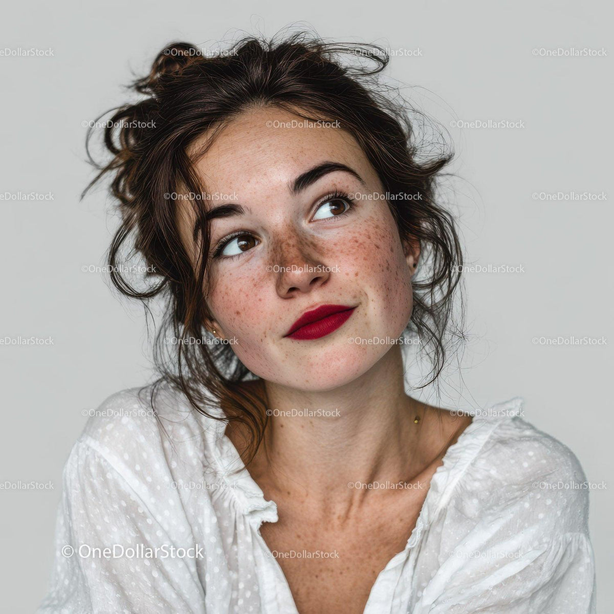 Freckled Woman with Red Lipstick and Wavy Hair in Portrait