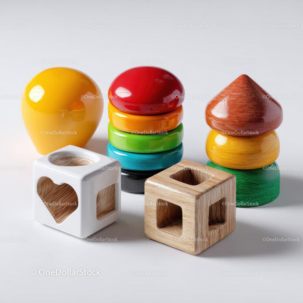 Colorful glossy wooden stacking toy shapes and natural wood geometric blocks on white surface