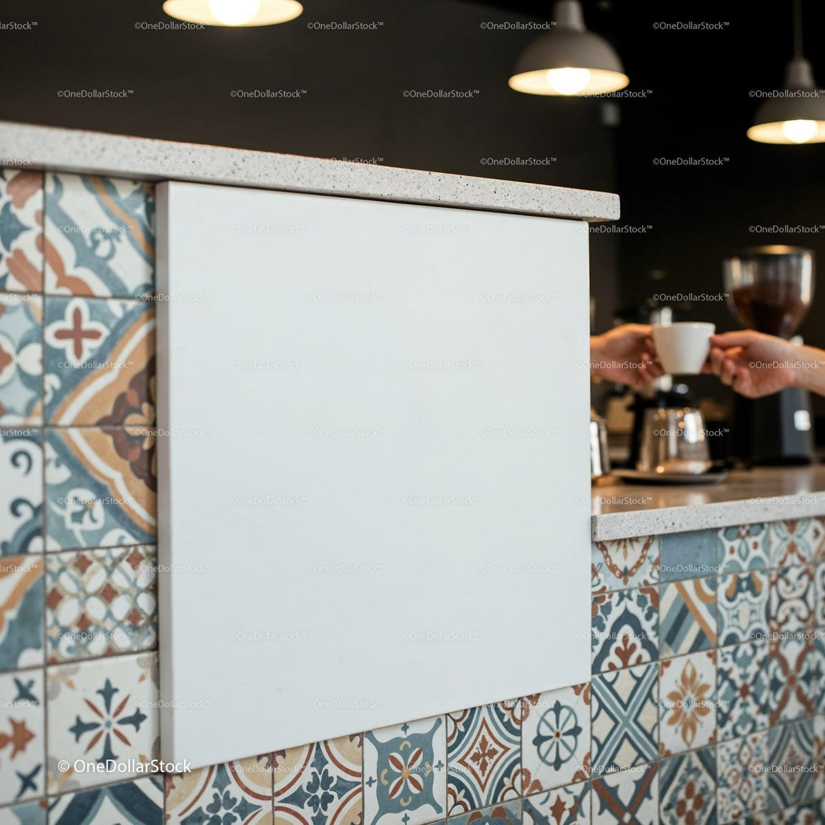 Barista handing coffee cup over colorful tiled counter JPG Mockup Image preview