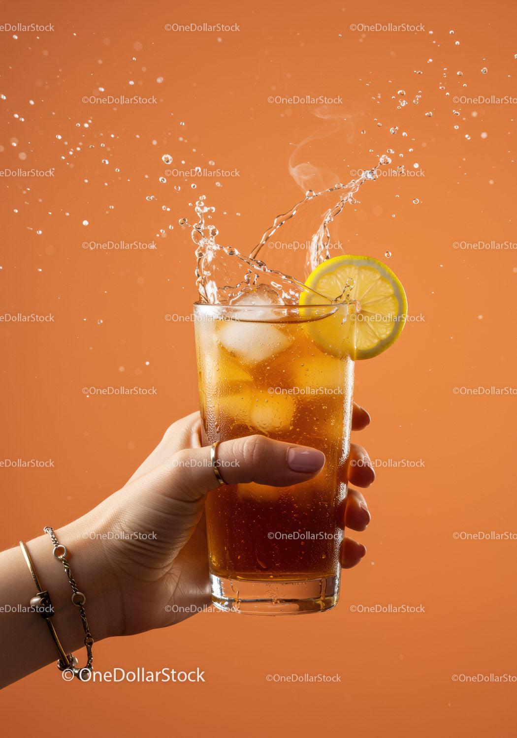 Refreshing iced tea with lemon splash in hand