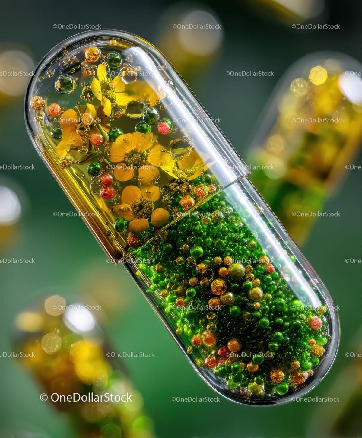 Clear capsule containing small yellow flowers and colorful spheres inside