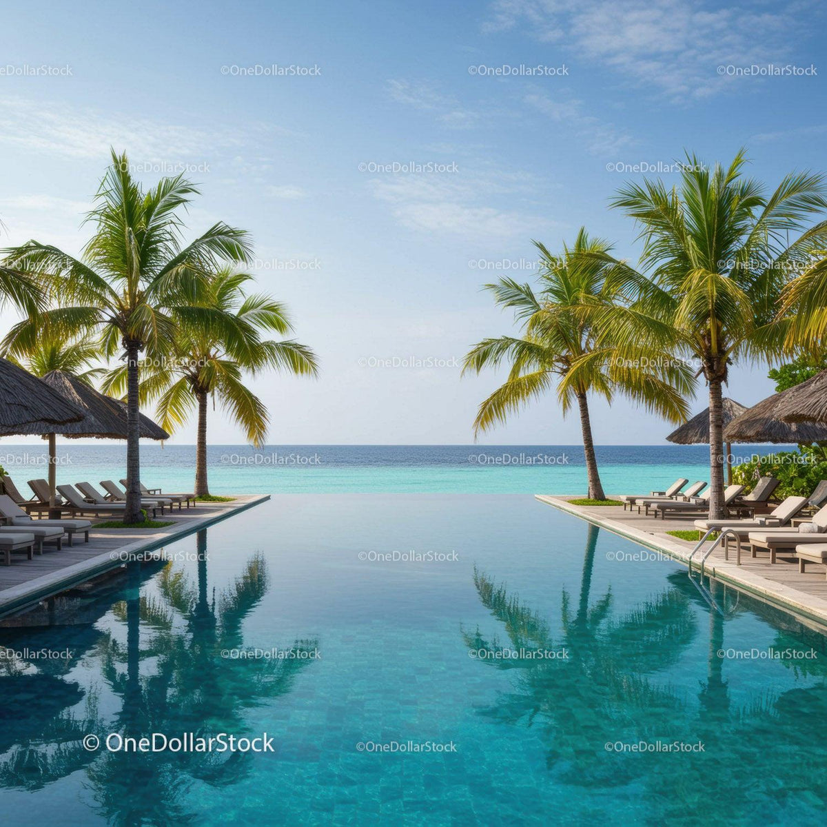 Luxury Beachfront Resort with Infinity Pool and Palm Trees Over Ocean