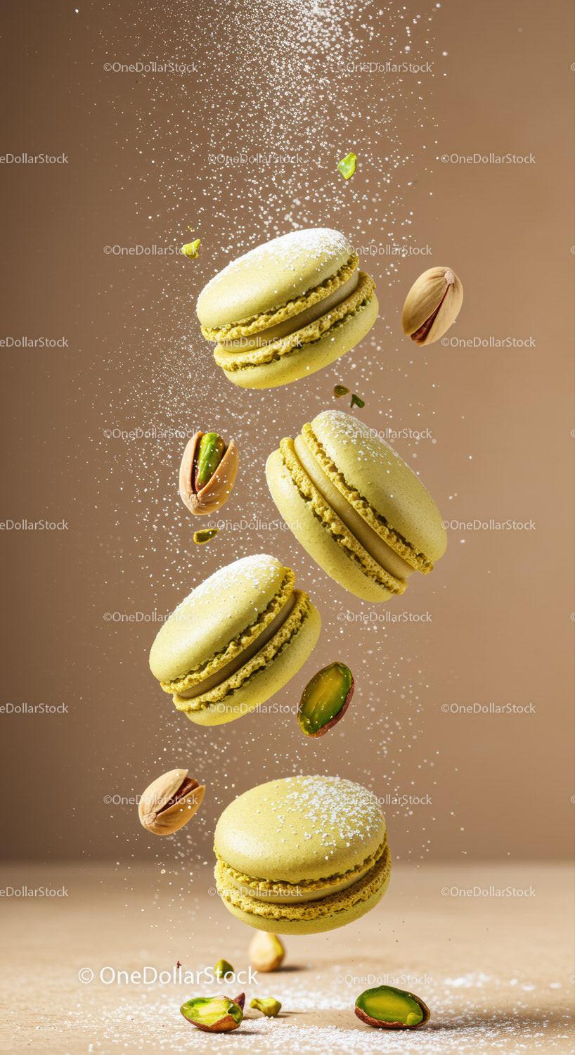 Pistachio Macarons with Powdered Sugar Falling