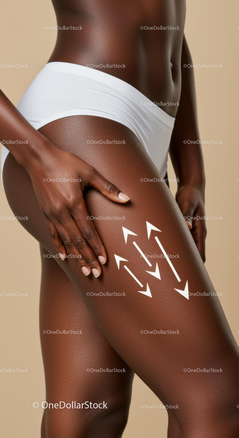 Elegant Close-Up of Dark Skin Female Thigh with Arrows Illustrating Skin Texture