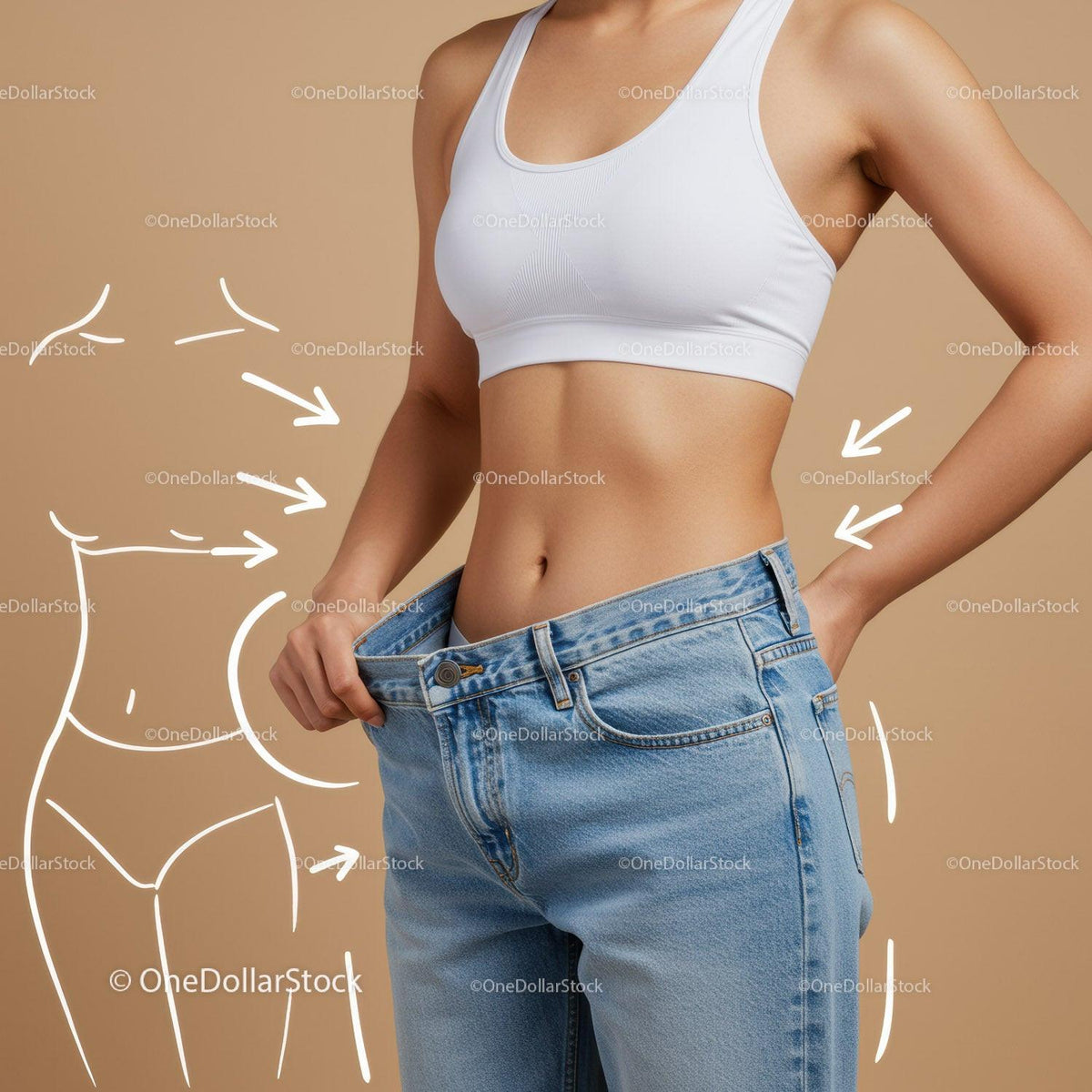 Slim Woman Measuring Waist with Jeans and White Sports Bra