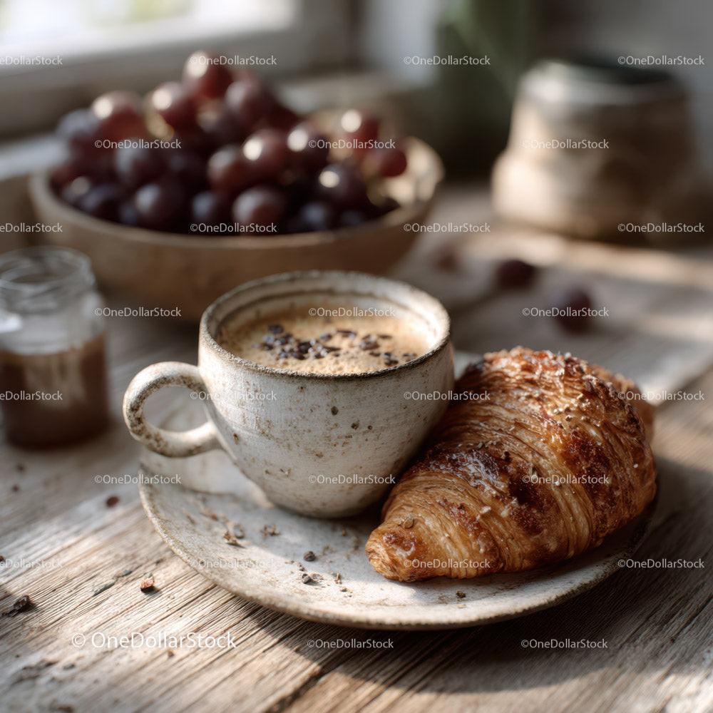 Delicious Coffee and Croissant with Fresh Grapes on Rustic Table