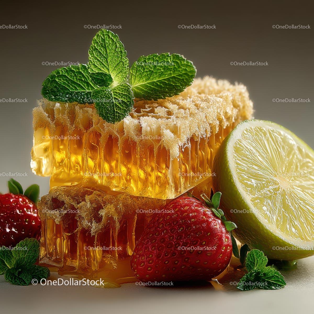 Fresh Honeycomb with Strawberries and Lime Garnish Stock Photo Bundle preview 25