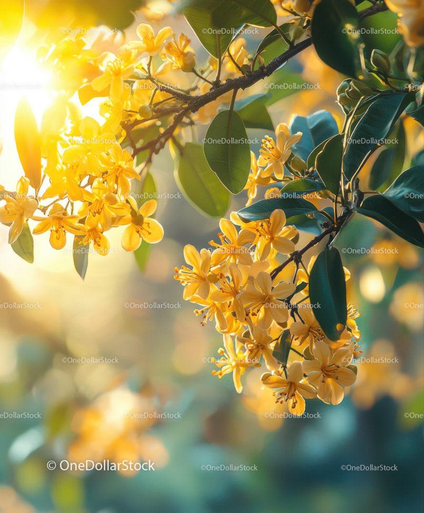 Yellow Blossoming Flowers on Tree Branch in Sunlight