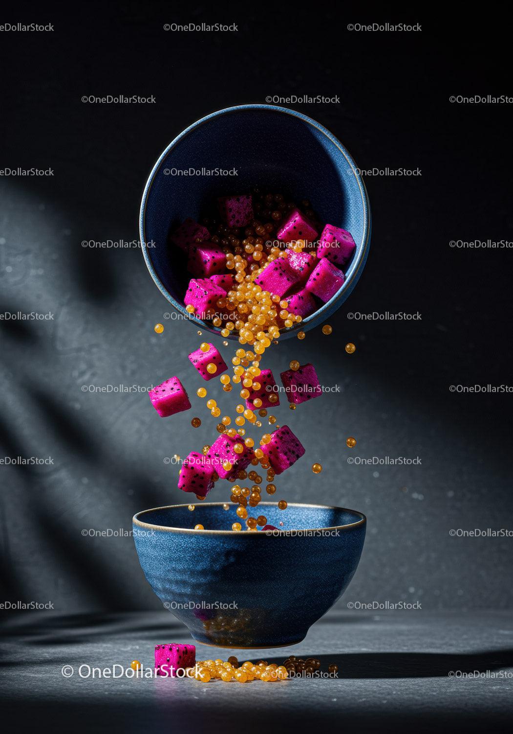 Vibrant dragon fruit cubes and pearls pouring into bowl