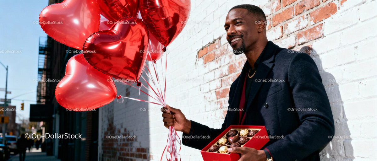 Man Holding Heart Balloons and Chocolates Outdoors