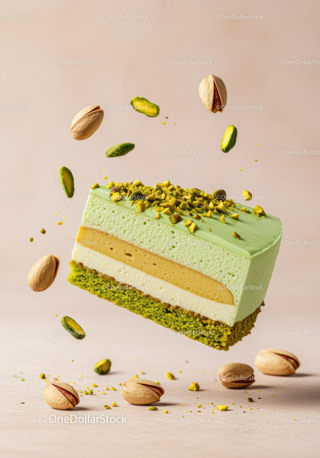 Layered pistachio mousse cake with crunchy nuts