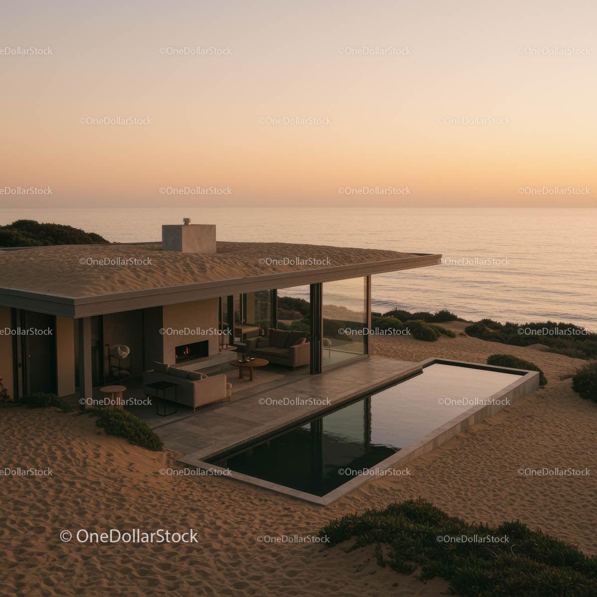 Luxurious Modern Beach House at Sunset with Ocean View