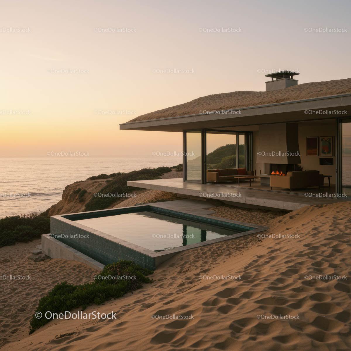 Modern Beachfront House with Infinity Pool at Sunset