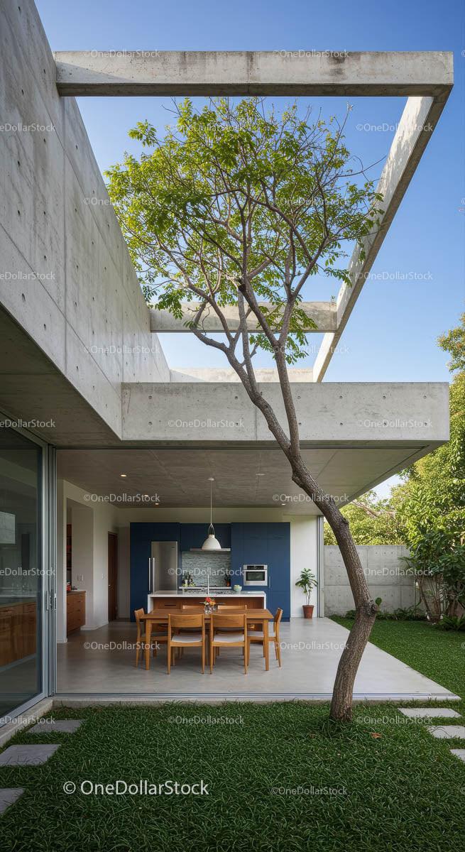 Modern Open-Air Kitchen with Tree and Concrete Architecture