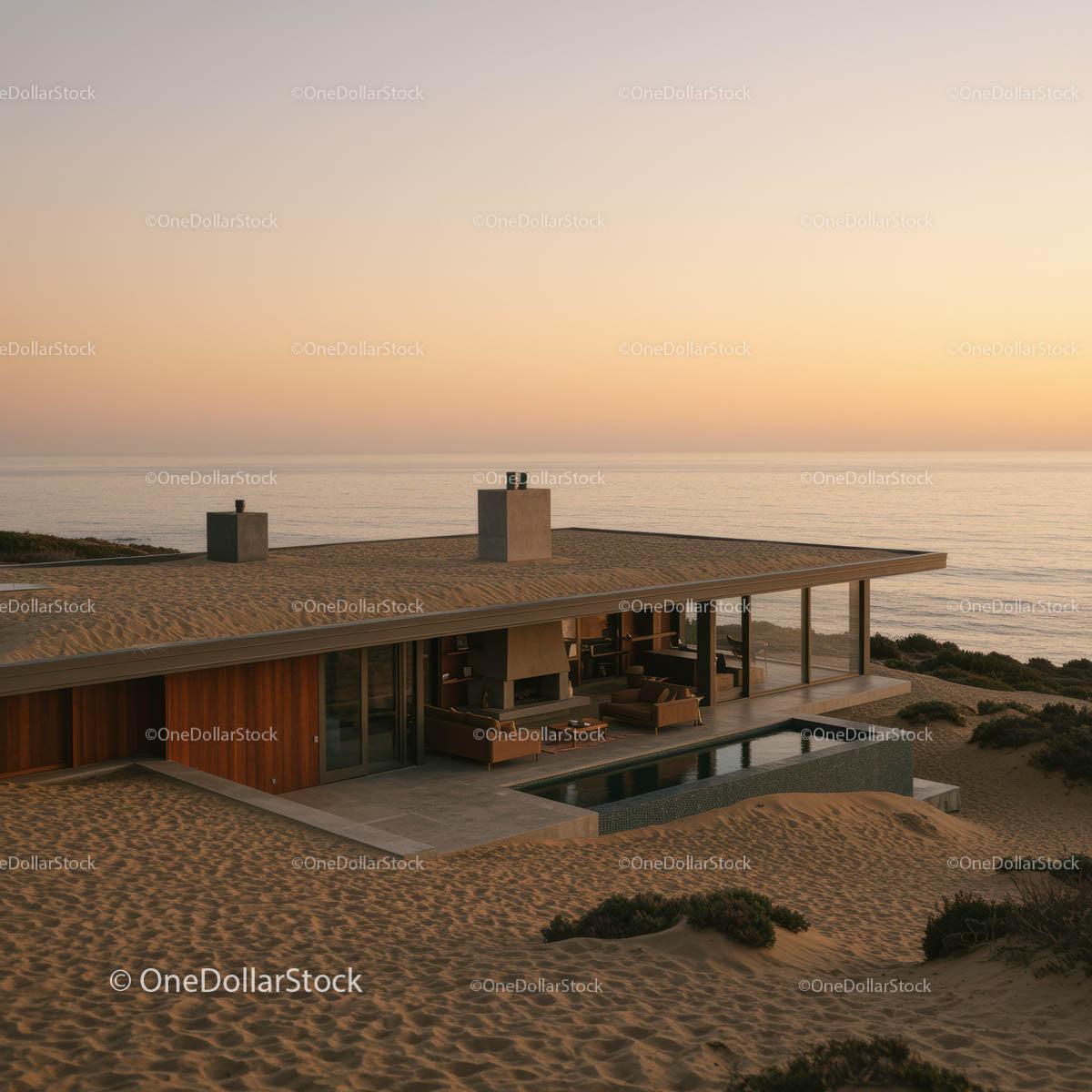 Modern Beachfront House with Ocean View at Sunset
