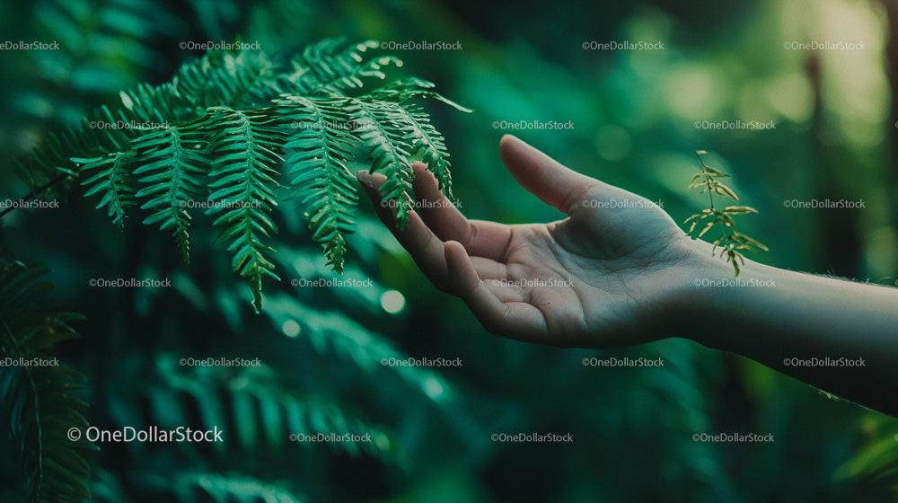 Hand Reaching Towards Fern Leaves in Lush Greenery