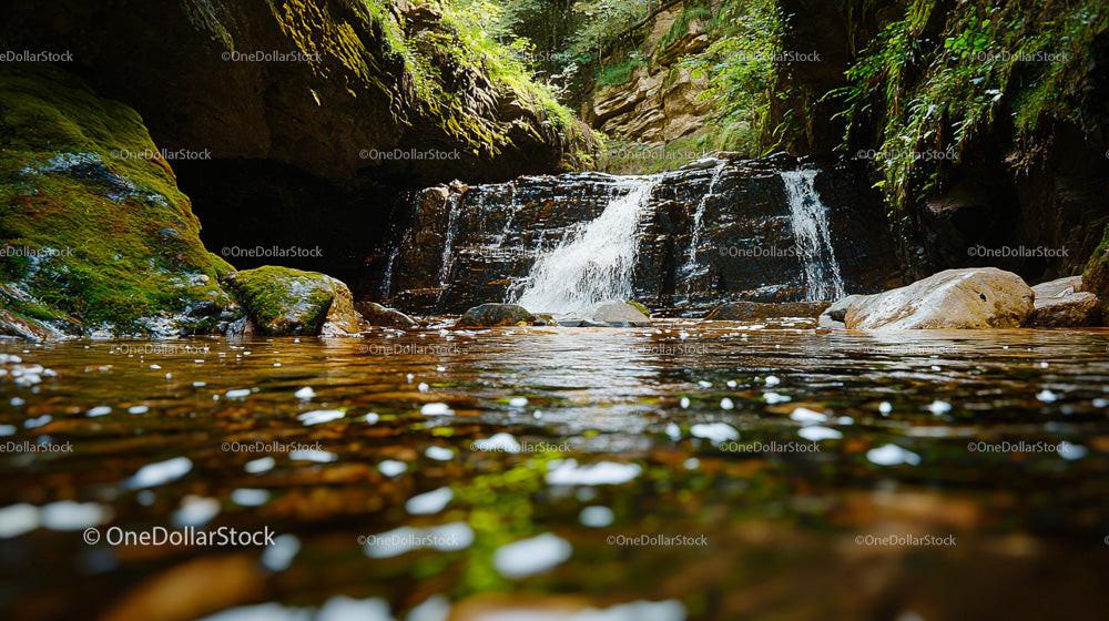 Serene Waterfall Flowing Through Lush Green Forest