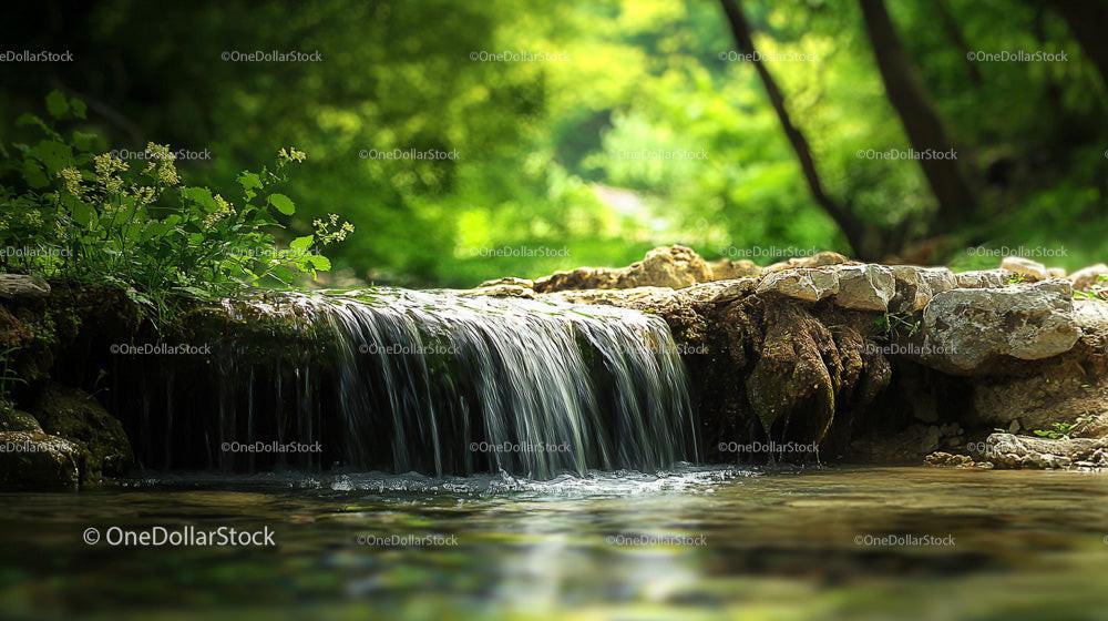 Tranquil Waterfall in Lush Green Forest Setting