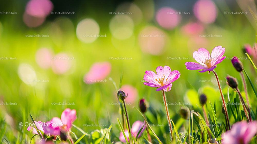 Pink Wildflowers Blooming in Lush Green Grass