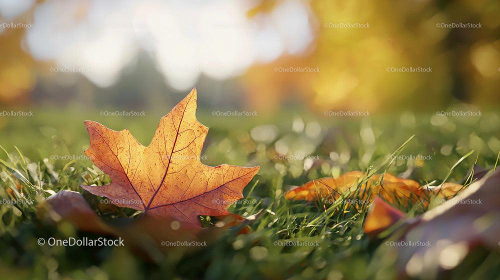 Sunlit Maple Leaf on Grass in Vibrant Autumn Setting