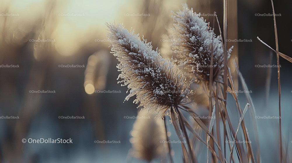 Frost-Covered Reeds at Sunset in Calm Winter Landscape