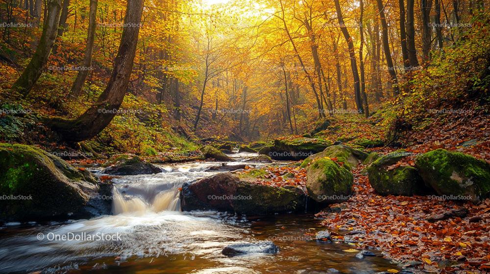 Autumn Forest with Sunlit Trees and Flowing Stream