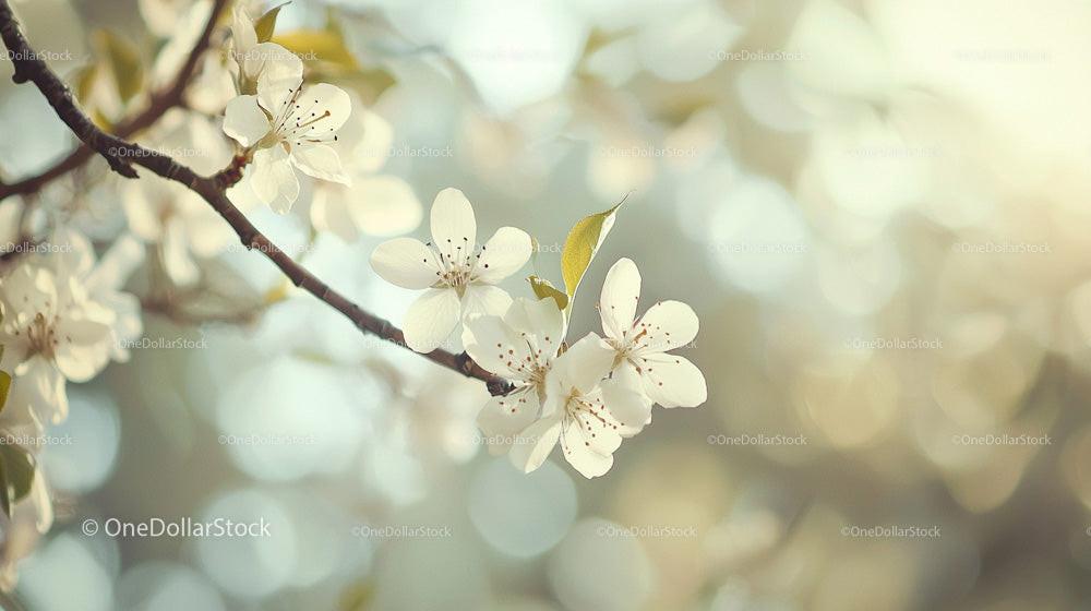 White Spring Blossoms on Branch with Soft Bokeh Background