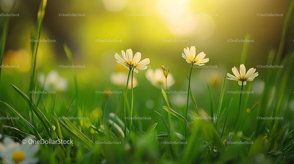 Close-Up of Daisies Blossoming in Sunlit Green Meadow
