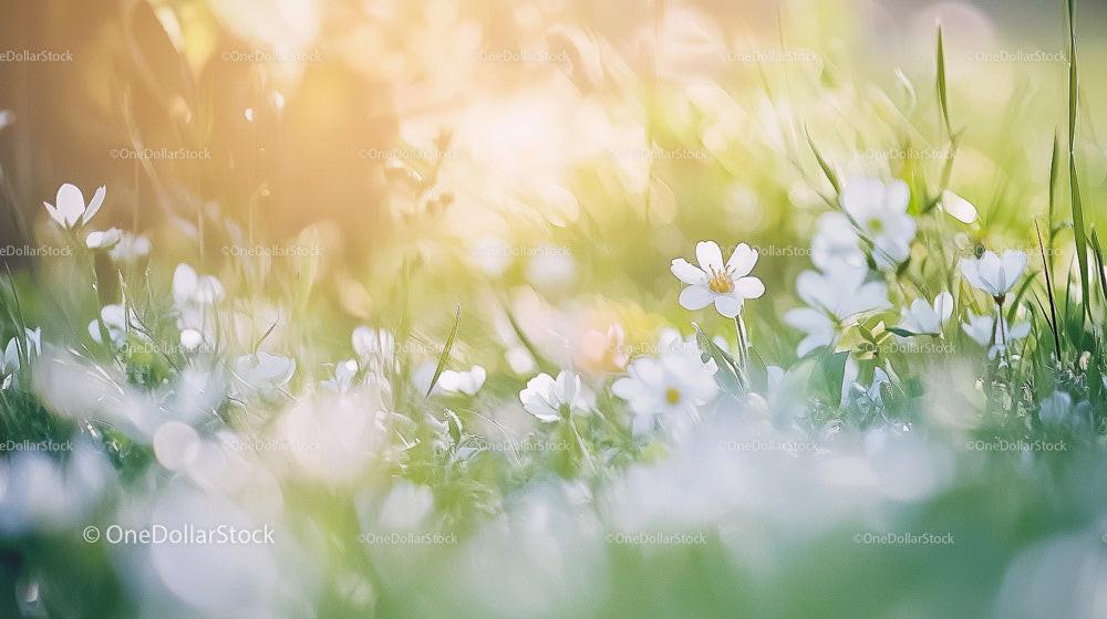 Sunny Meadow with Blooming White Flowers and Soft Light