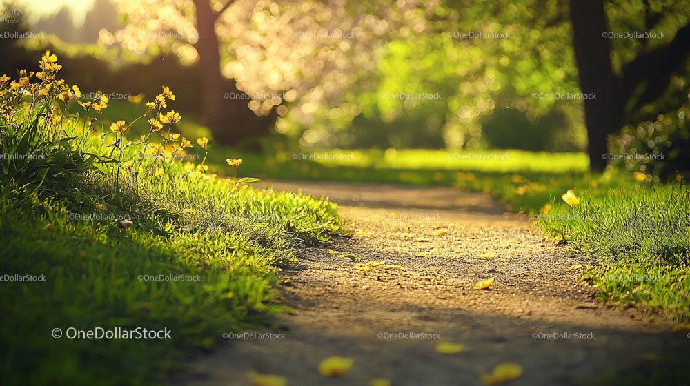 Sunlit Path through Blossoming Spring Meadow