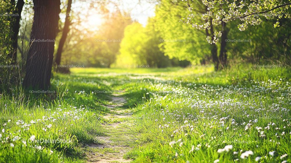 Sunny Pathway Through Blossoming Spring Meadow