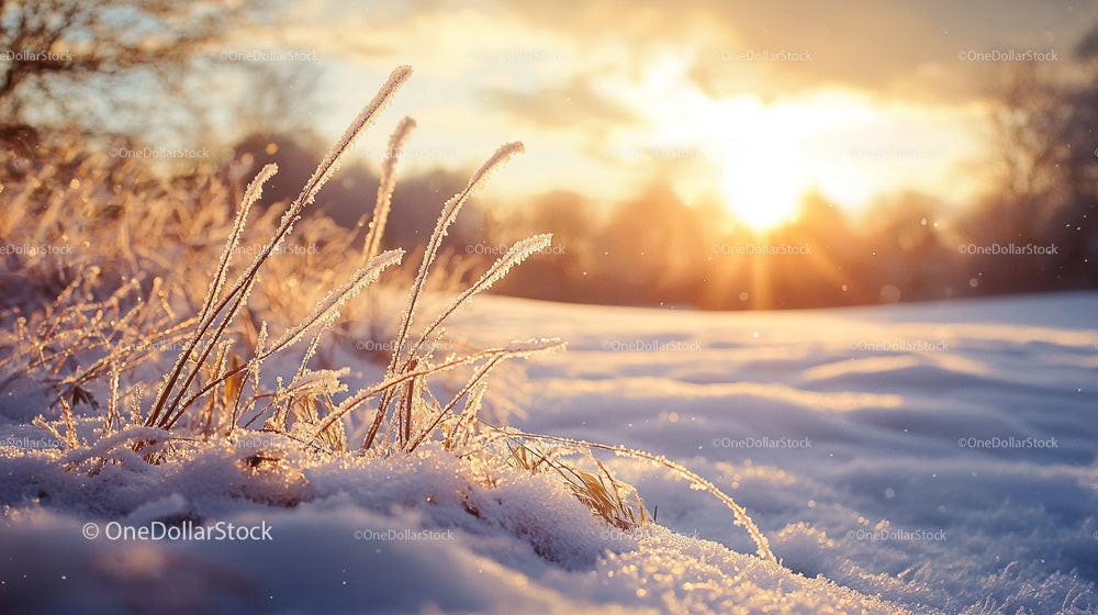 Frosty Grass in Snowy Field at Sunrise