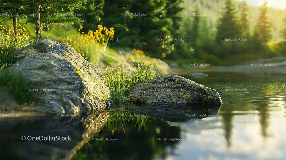 Tranquil Forest Scene with Sunlit Rocks and Calm Water