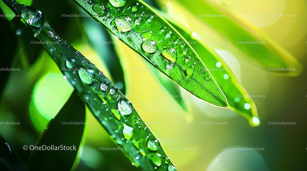 Dewdrops on Vibrant Green Leaves in Sunlight