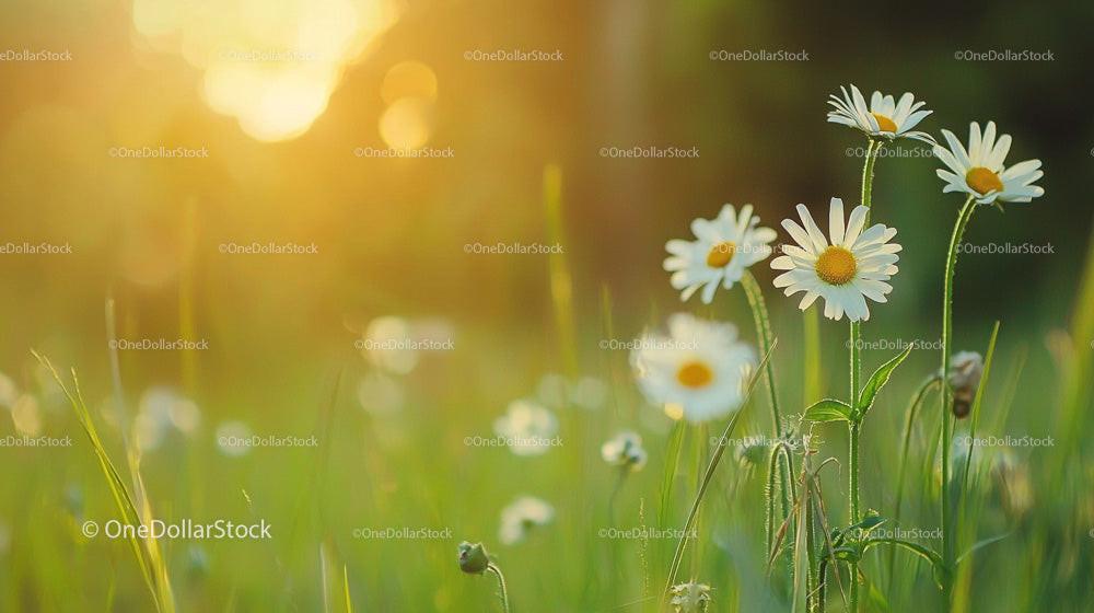 Daisies Blooming in Sunlit Summer Meadow