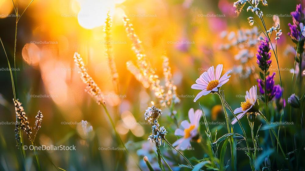 Wildflowers in Sunlit Meadow at Golden Hour