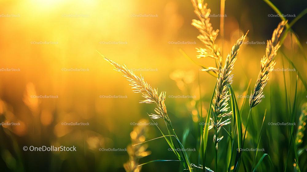 Golden Sunlight Illuminating Grass Blades at Sunset