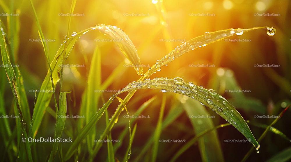 Dew-Kissed Grass Blades Glowing in Warm Morning Light
