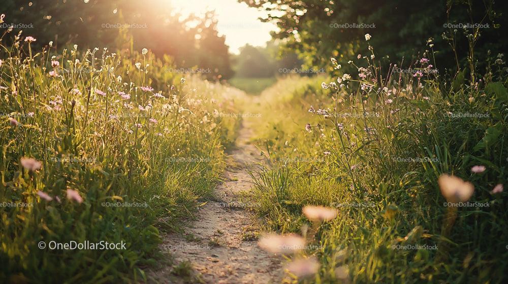 Sunlit Country Path with Wildflowers in Morning Light