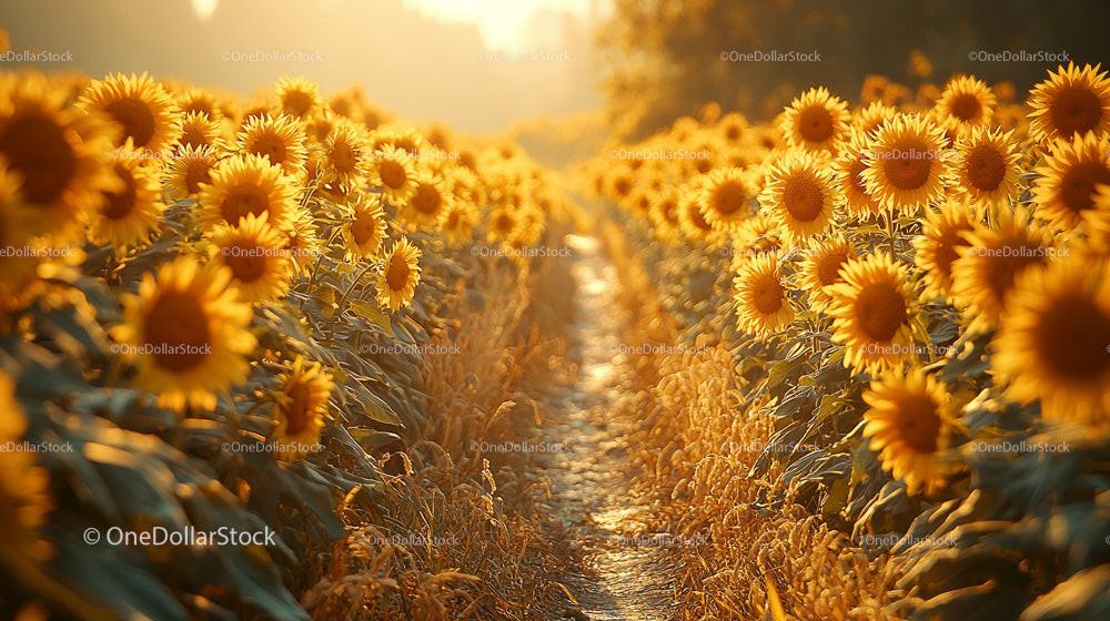 Golden Sunflower Field Illuminated by Warm Sunset Light