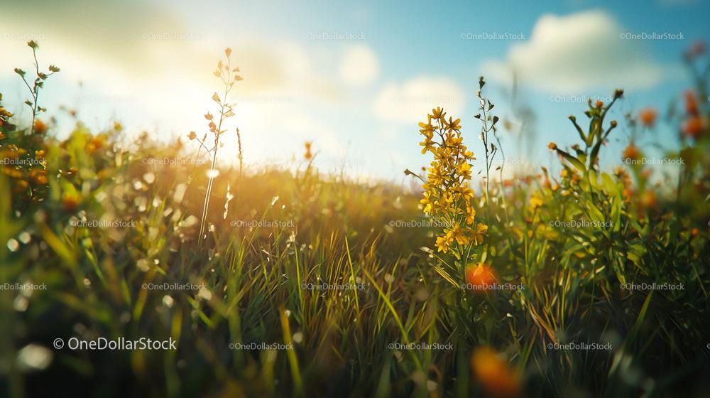Sunlit Meadow with Blooming Wildflowers in Tranquil Setting