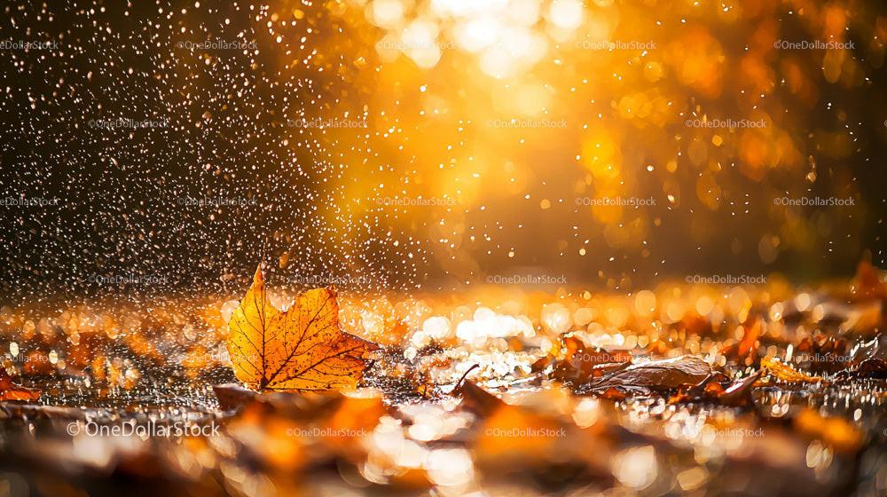 Golden Autumn Leaf in Rain with Sunlit Background