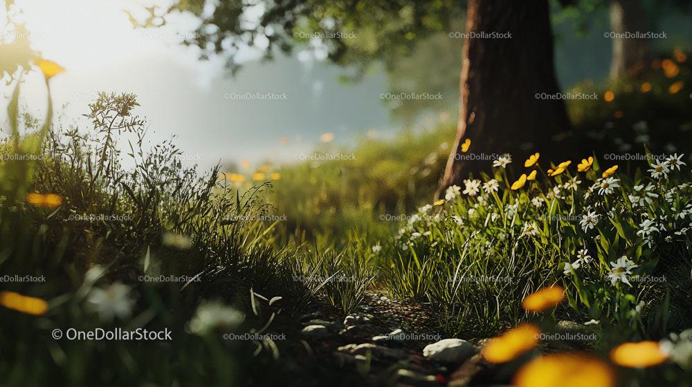 Sunlit Meadow with Wildflowers and Tranquil Forest Background