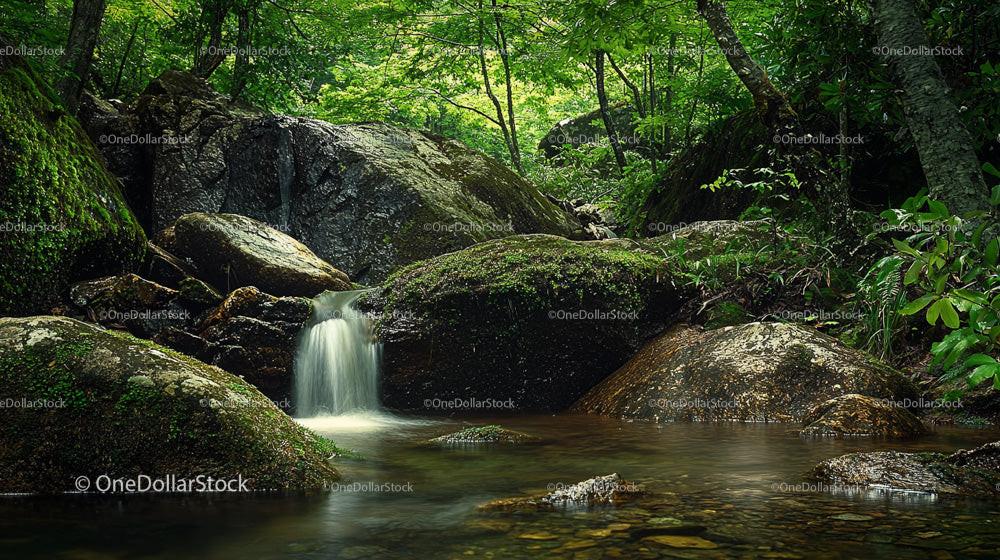 Tranquil Forest Stream with Moss-Covered Rocks and Waterfall