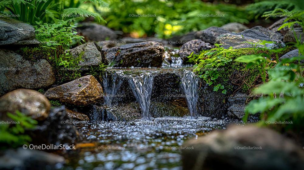 Tranquil Garden Waterfall with Moss-Covered Rocks
