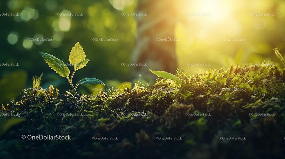 Young Sprout Emerging in Lush Forest Under Sunlight